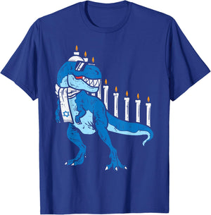 BoredKoalas Hanukkah Shirts Jew Chanukah Gifts Trex Dinosaur Menorah Kids Boys Black Short Sleeve Classic Fit Cotton Polyester T-Shirt - T-Shirt | Royal