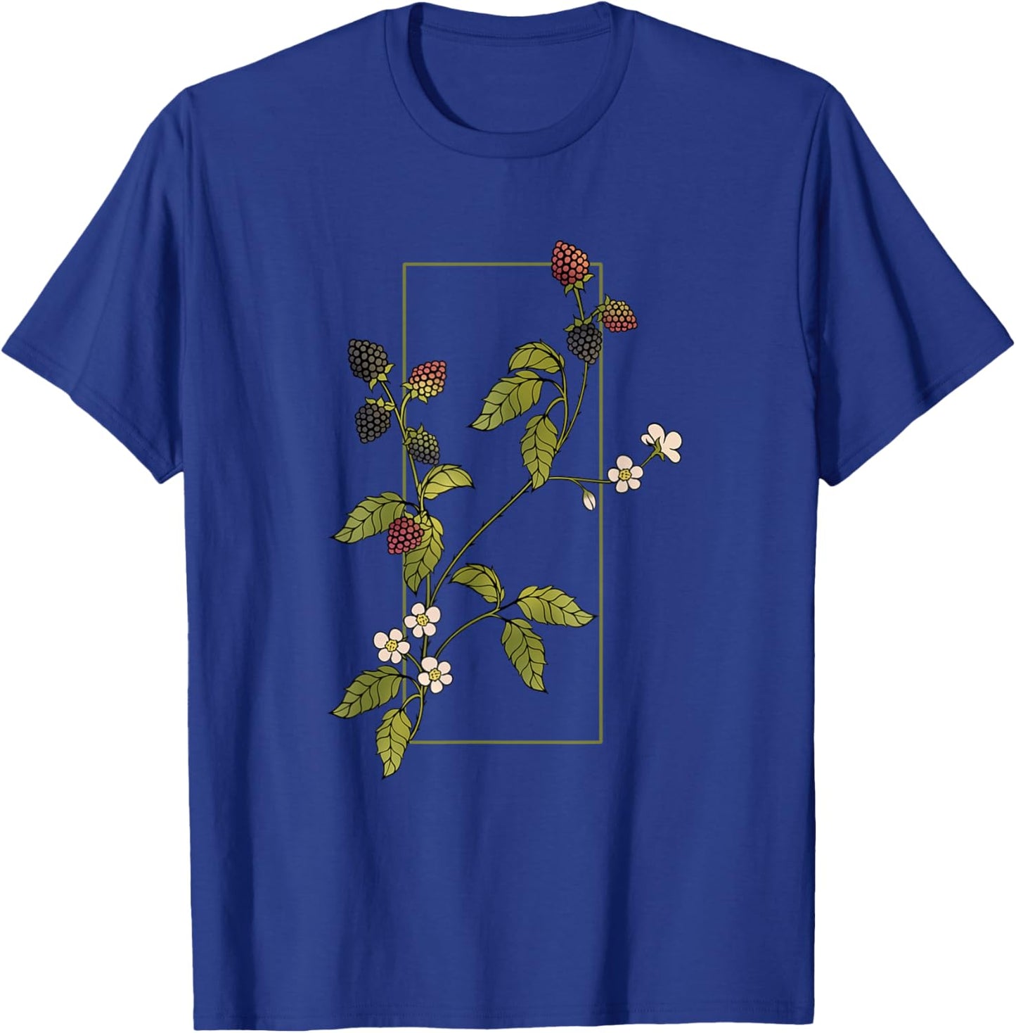 Blackberries Branch with Leaves and Blossoms T-Shirt - T-Shirt | Royal