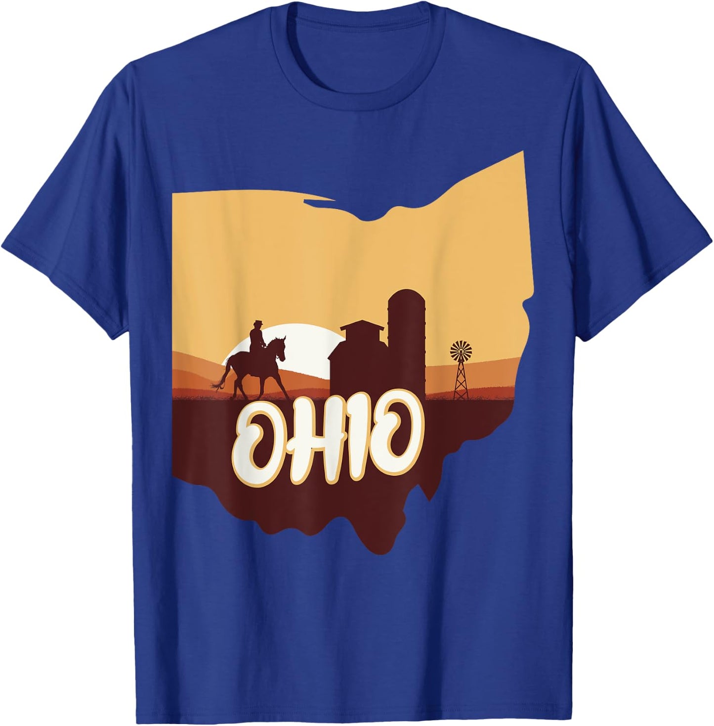 Ohio Map Horse Riding Cowboy Barn Windmill Ohio Souvenirs T-Shirt - T-Shirt | Royal
