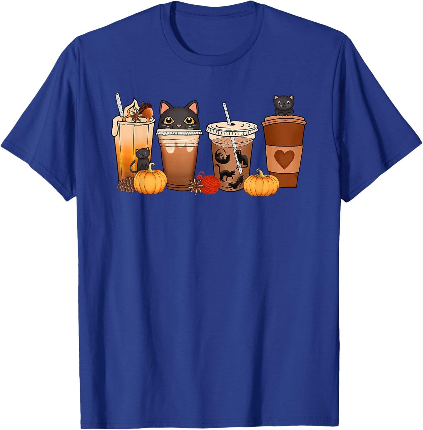 Black Cat Halloween Iced Coffee Cups Fall Pumpkin Kitten Women Kids T-Shirt - T-Shirt | Royal