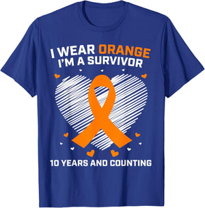 10 Year Cancer Free Leukemia Survivor Gifts Orange Awareness T-Shirt - T-Shirt | Royal