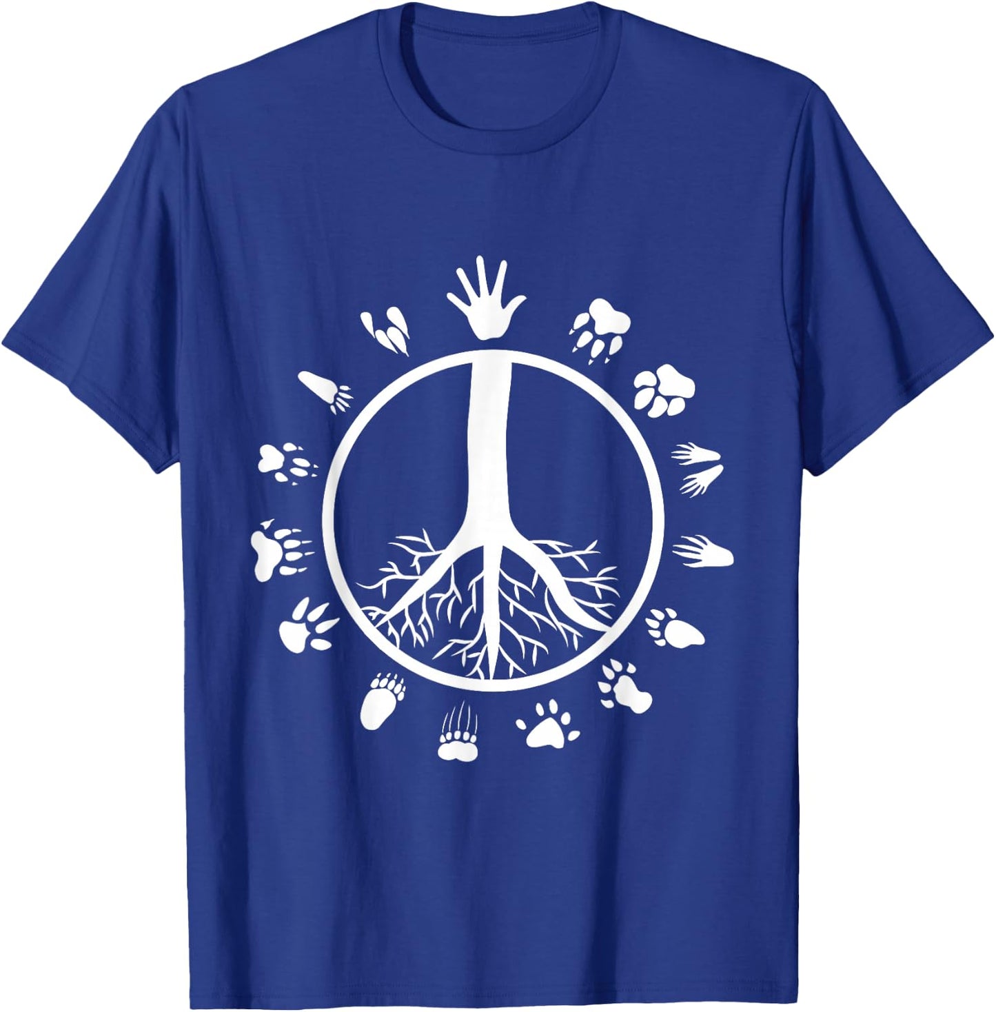 Peace Sign Tree Roots Animal Footprints Vegan T-Shirt - T-Shirt | Royal