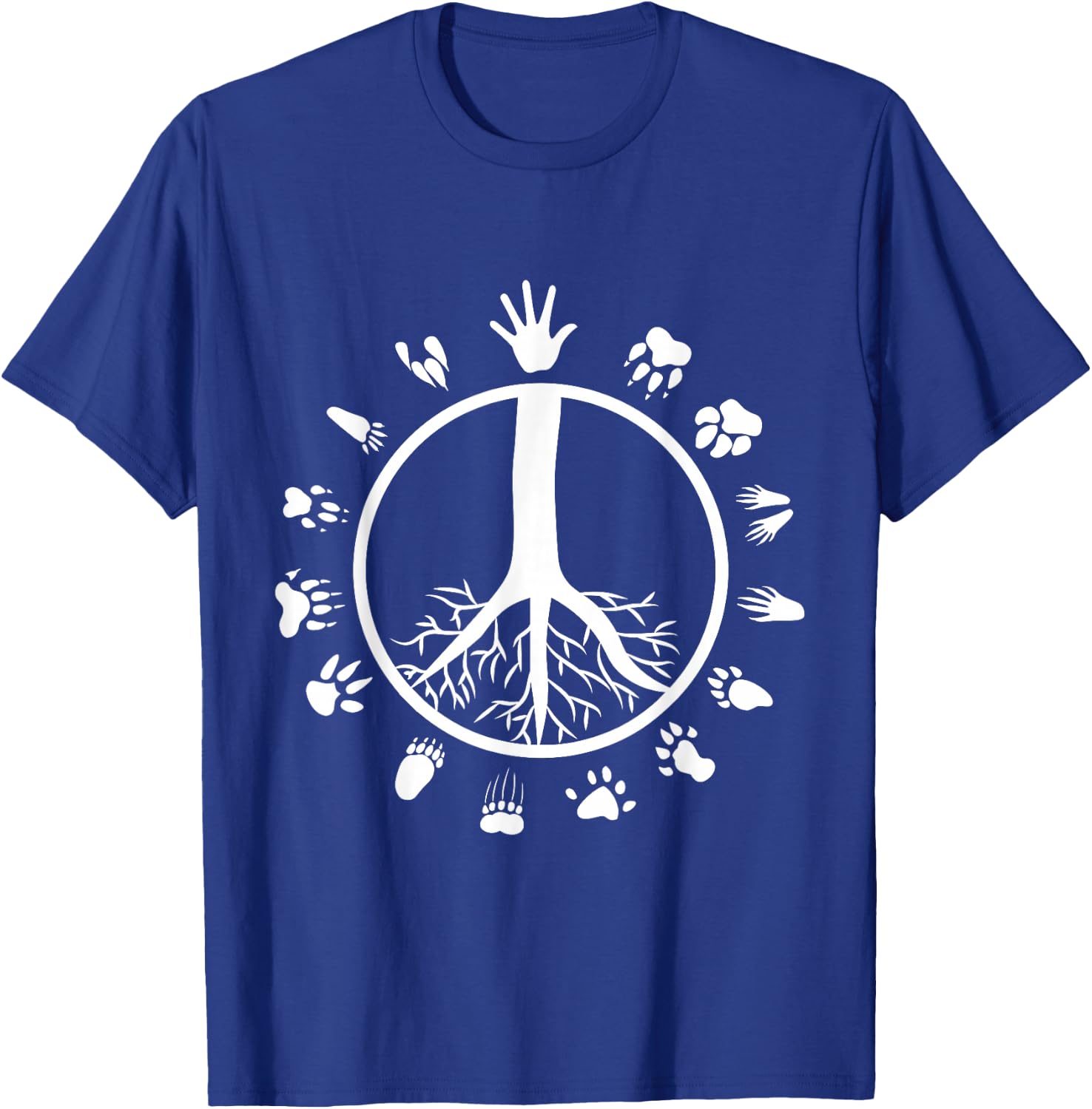 Peace Sign Tree Roots Animal Footprints Vegan T-Shirt - T-Shirt | Royal