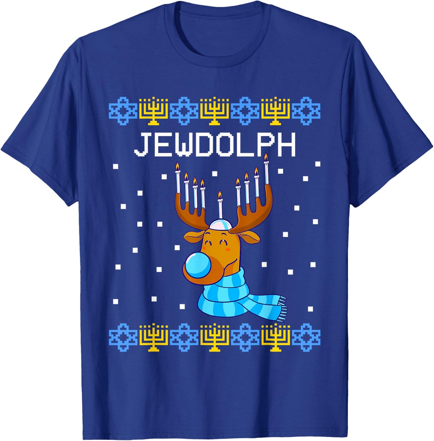 Jewdolph Ugly Hanukkah Sweater Reindeer Menorah Chanukah T-Shirt - T-Shirt | Royal