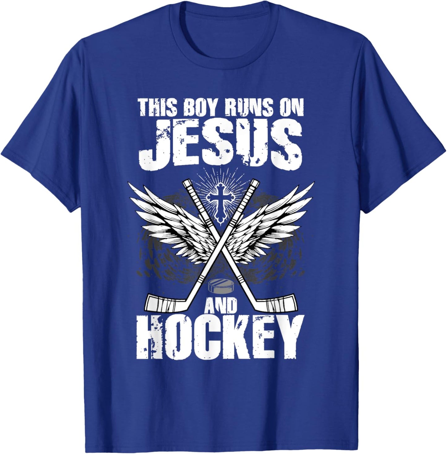 This Boy Runs On Jesus And Hockey T-Shirt - T-Shirt | Royal