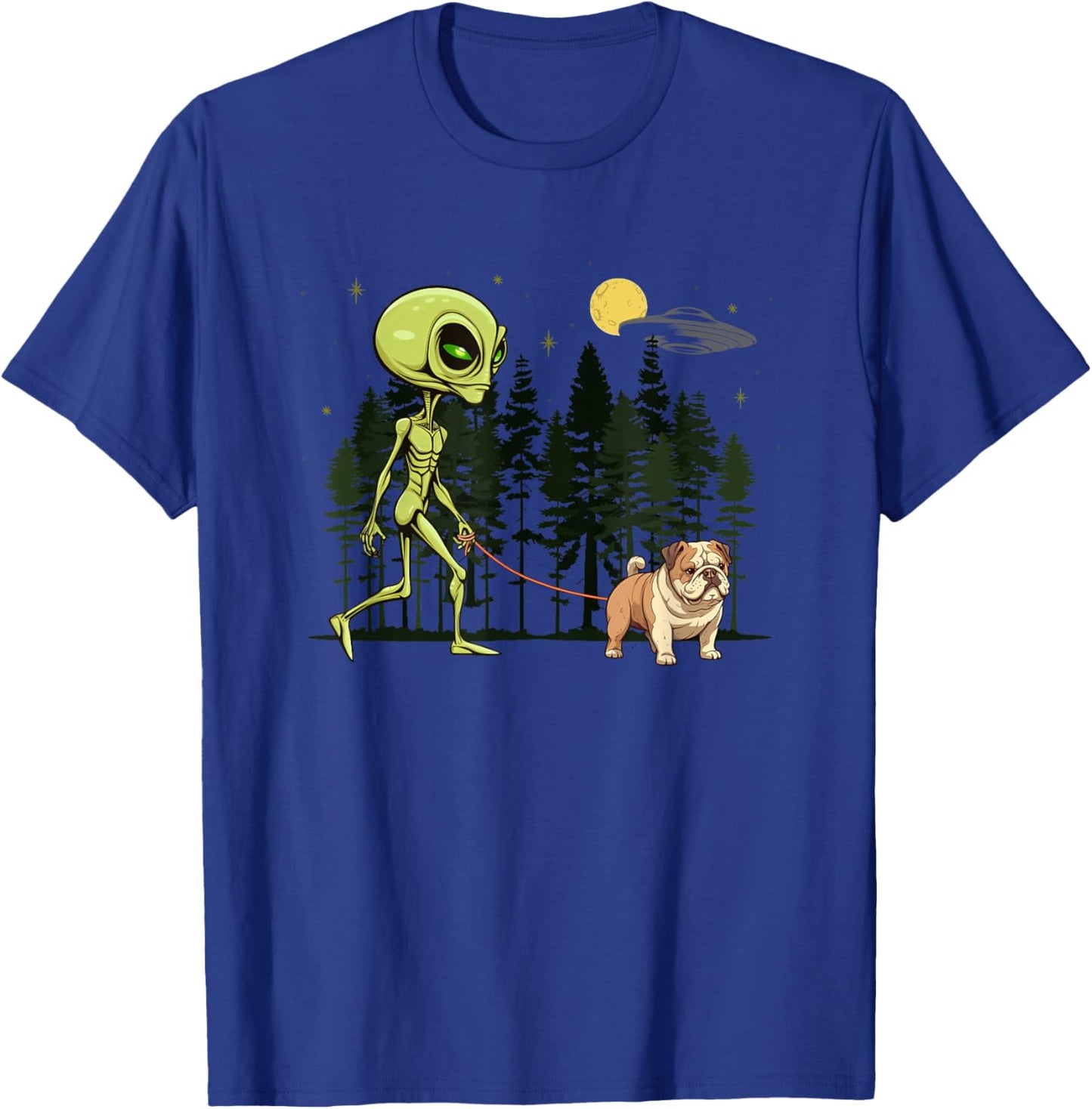 Funny English Bulldog Alien Walking UFO Pet Dog Mom Dad T-Shirt - T-Shirt | Royal