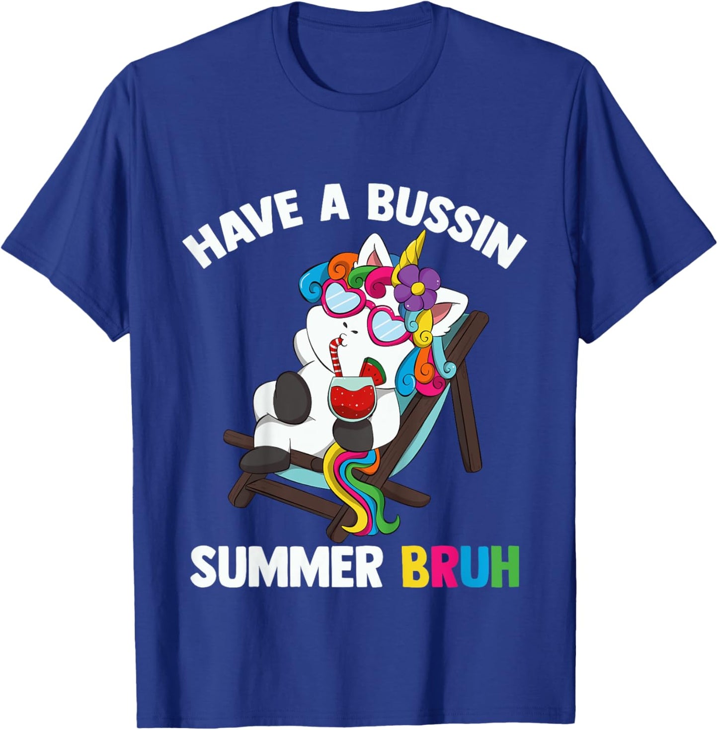 Kids Have A Bussin Summer Bruh Unicorn For Kid Last Day Of School T-Shirt - T-Shirt | Royal