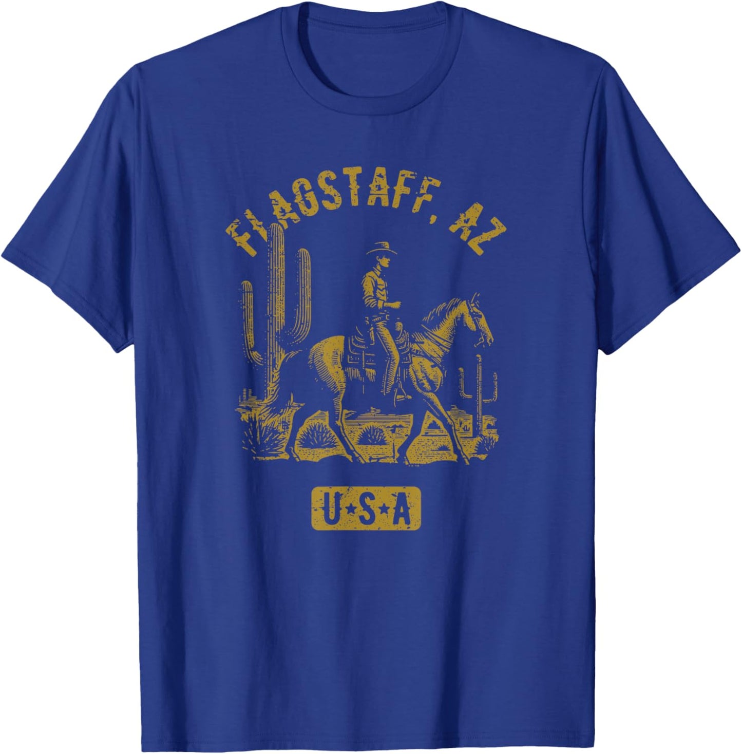 Flagstaff AZ USA Cowboy Horse Distressed Style Design T-Shirt - T-Shirt | Royal