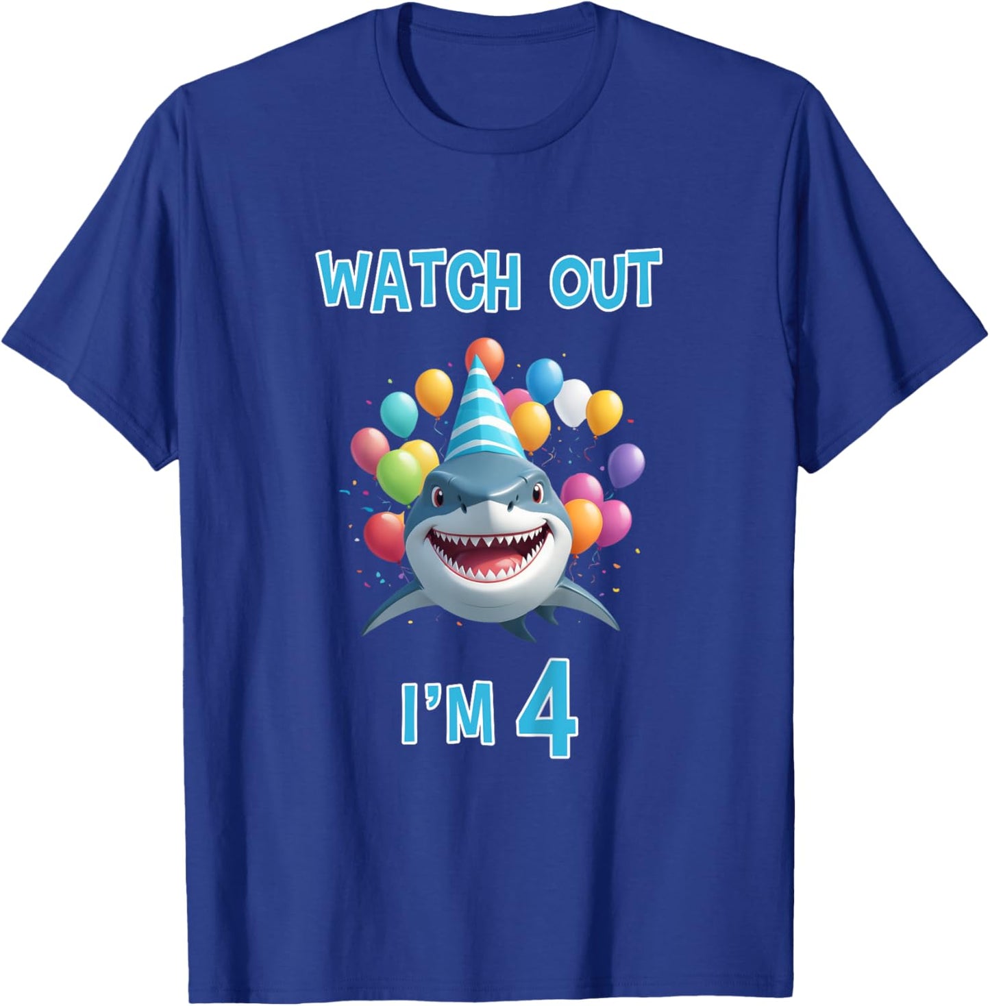 Shark Birthday Watch Out I'm 4 Years Old 4th Birthday T-Shirt - T-Shirt | Royal
