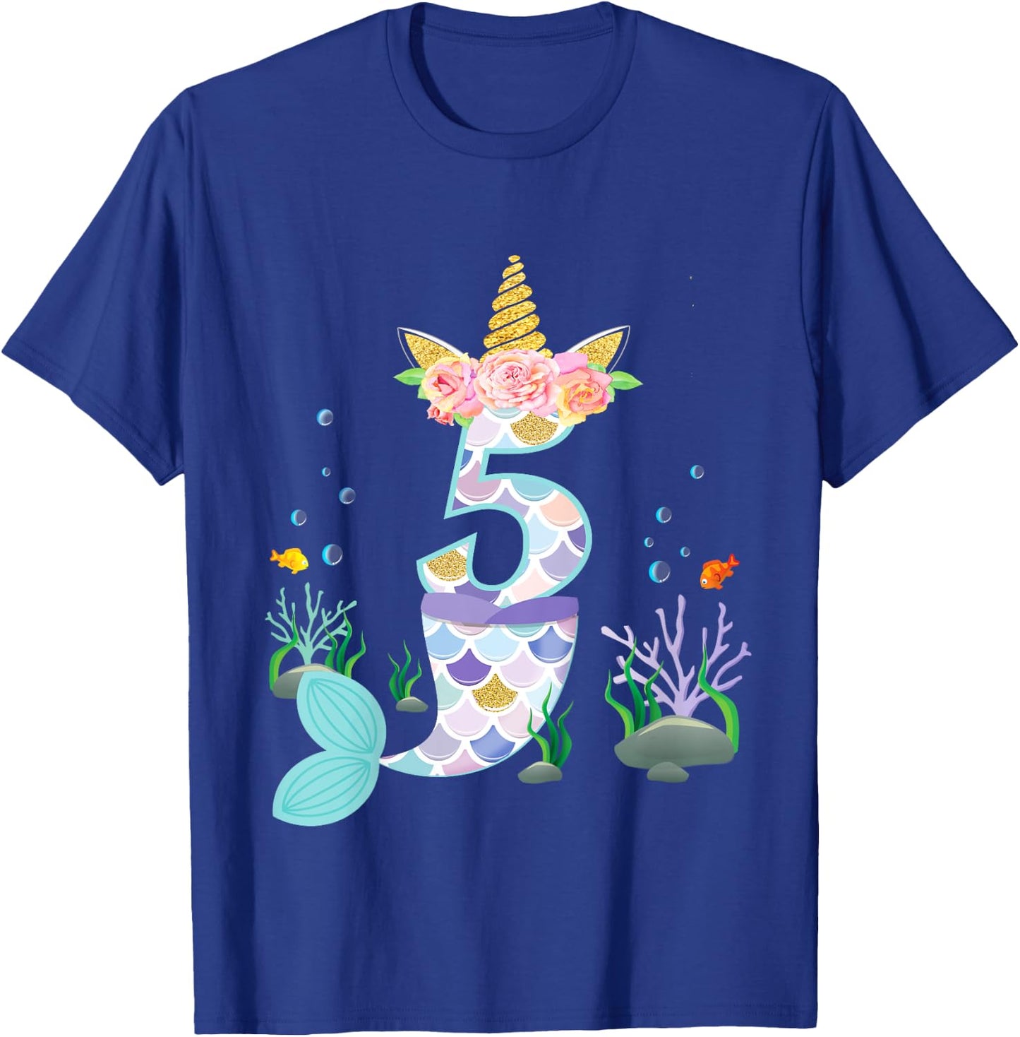 5 Year Old Unicorn Mermaid Birthday Theme Tail Girl 5th Gift T-Shirt - T-Shirt | Royal