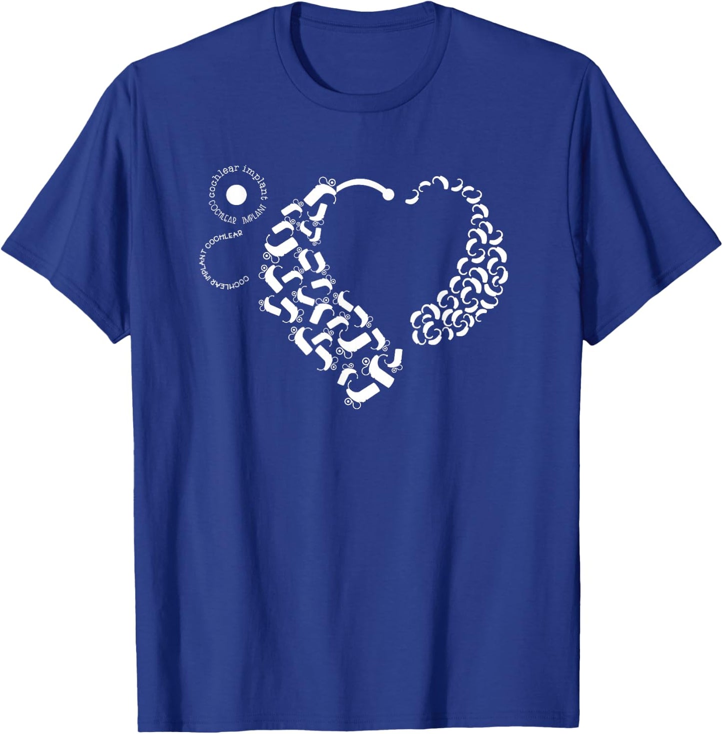 Hearing Loss Designs Co. Cochlear Implant and Hearing Aid Awareness Black Modern Letter Print Round Neck Short Sleeve T-Shirt - T-Shirt | Royal