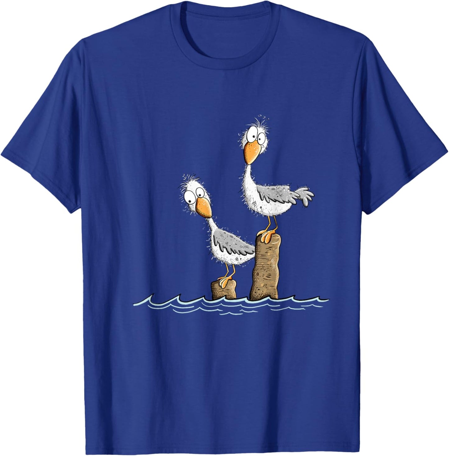 Funny Gulls on the Wharf Design Cartoon Sea Bird , Black, S T-Shirt - T-Shirt | Royal