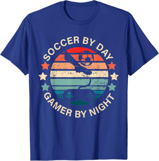 Soccer By Day Gamer By Night Gamer Vintage Retro Christmas T-Shirt - T-Shirt | Royal