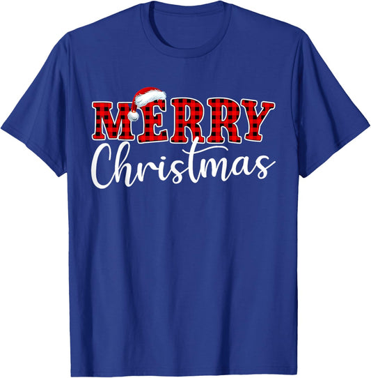 Merry Christmas Buffalo Plaid Red Santa Hat Xmas Pajamas T-Shirt - T-Shirt | Royal