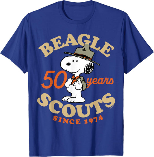Peanuts - Snoopy Beagle Scouts 50 Year Badge T-Shirt - T-Shirt | Royal