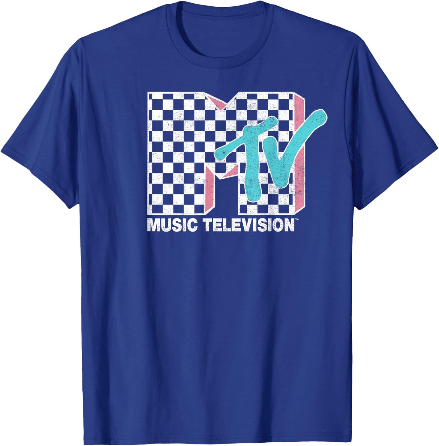 MTV Neon Distressed Checkered Logo Graphic T-Shirt - T-Shirt | Royal