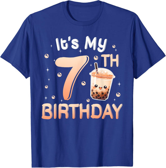 It's My 7th Birthday Bubble Boba Tea Party 7 Year Old Girl T-Shirt - T-Shirt | Royal