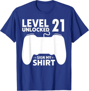 Level 21 Unlocked 21st Birthday Boy Video Game Party Sign My T-Shirt - T-Shirt | Royal