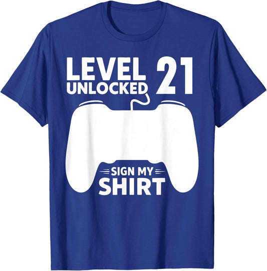 Level 21 Unlocked 21st Birthday Boy Video Game Party Sign My T-Shirt - T-Shirt | Royal