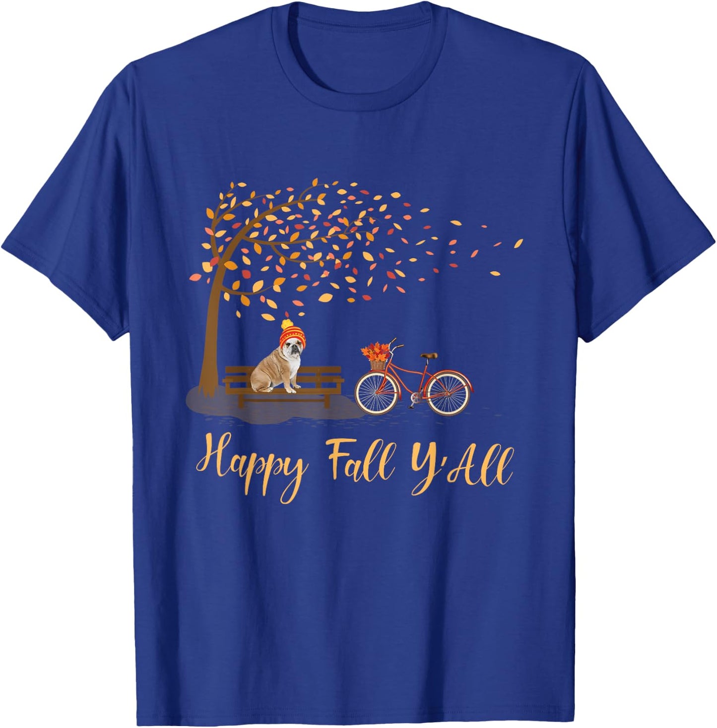 Happy Fall Y'All Funny English Bulldog Autumn Season Bicycle Women Kids T-Shirt - T-Shirt | Royal