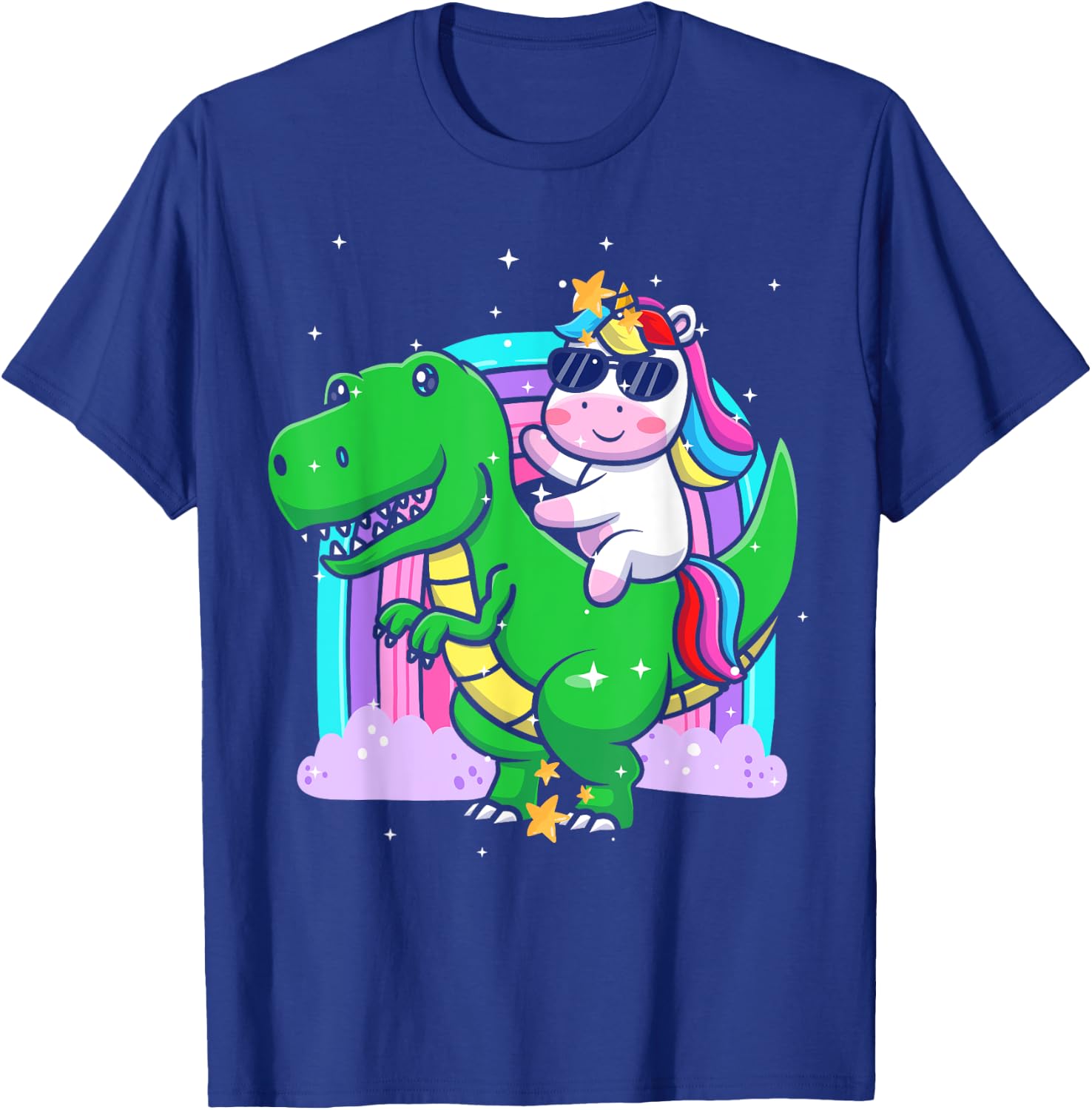 Unicorn Riding T Rex Dinosaur Boys Girls Men Women Rainbow T-Shirt - T-Shirt | Royal