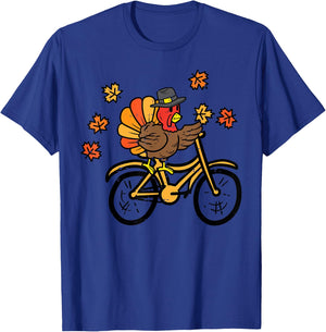 Thanksgiving Turkey Riding Bike Fall Biking Men Women Kids T-Shirt - T-Shirt | Royal