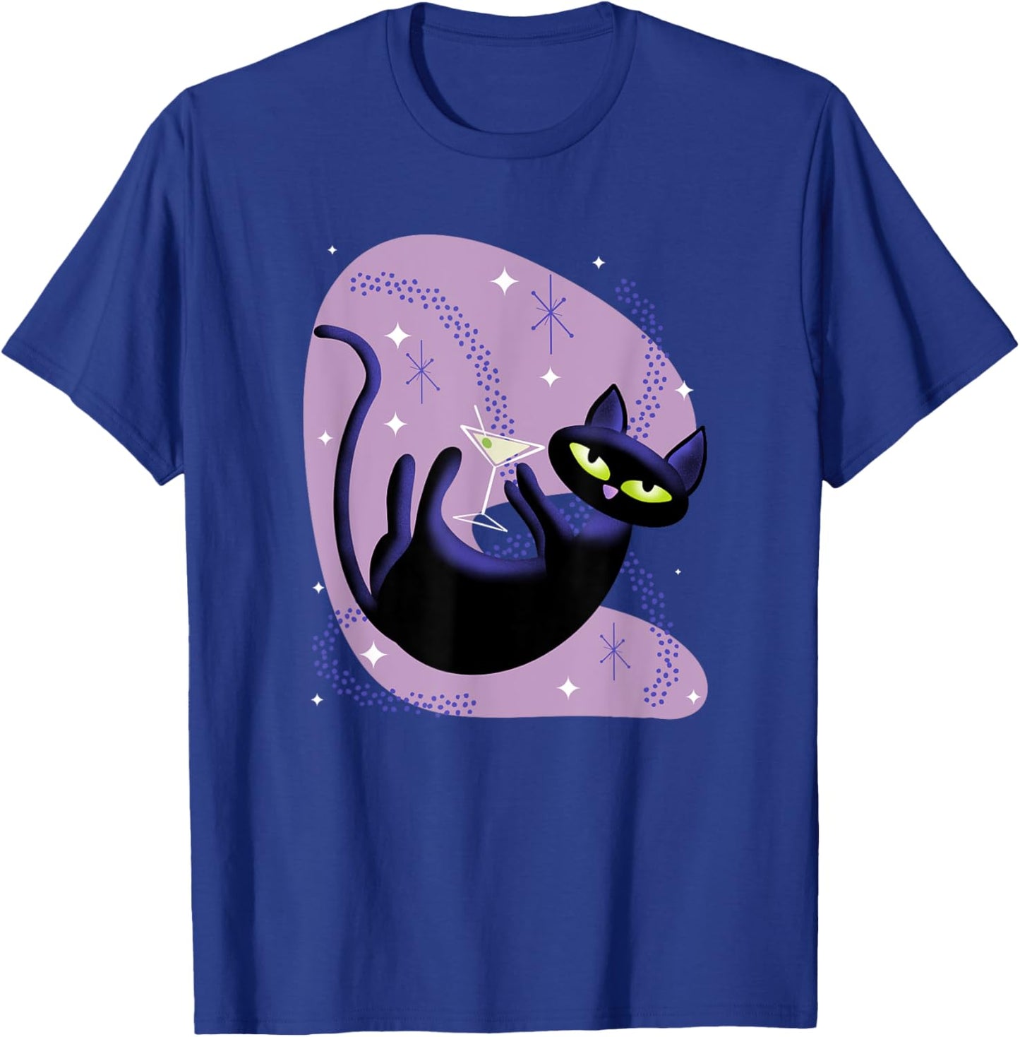Cool Retro Atomic Cat Swimming in Space with Martini Men Women T-Shirt - T-Shirt | Royal