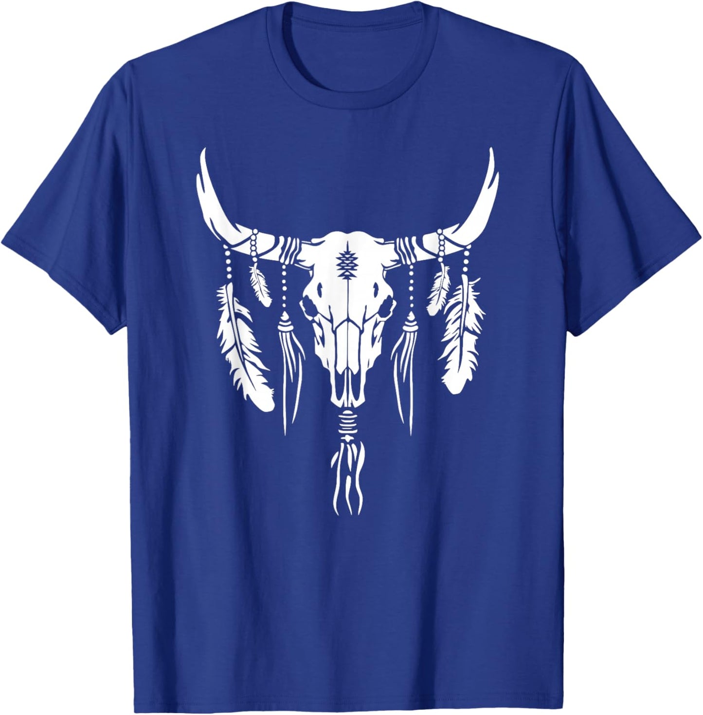 Boho Longhorn Bull Skull Design Cow Skull and Feathers Art T-Shirt - T-Shirt | Royal