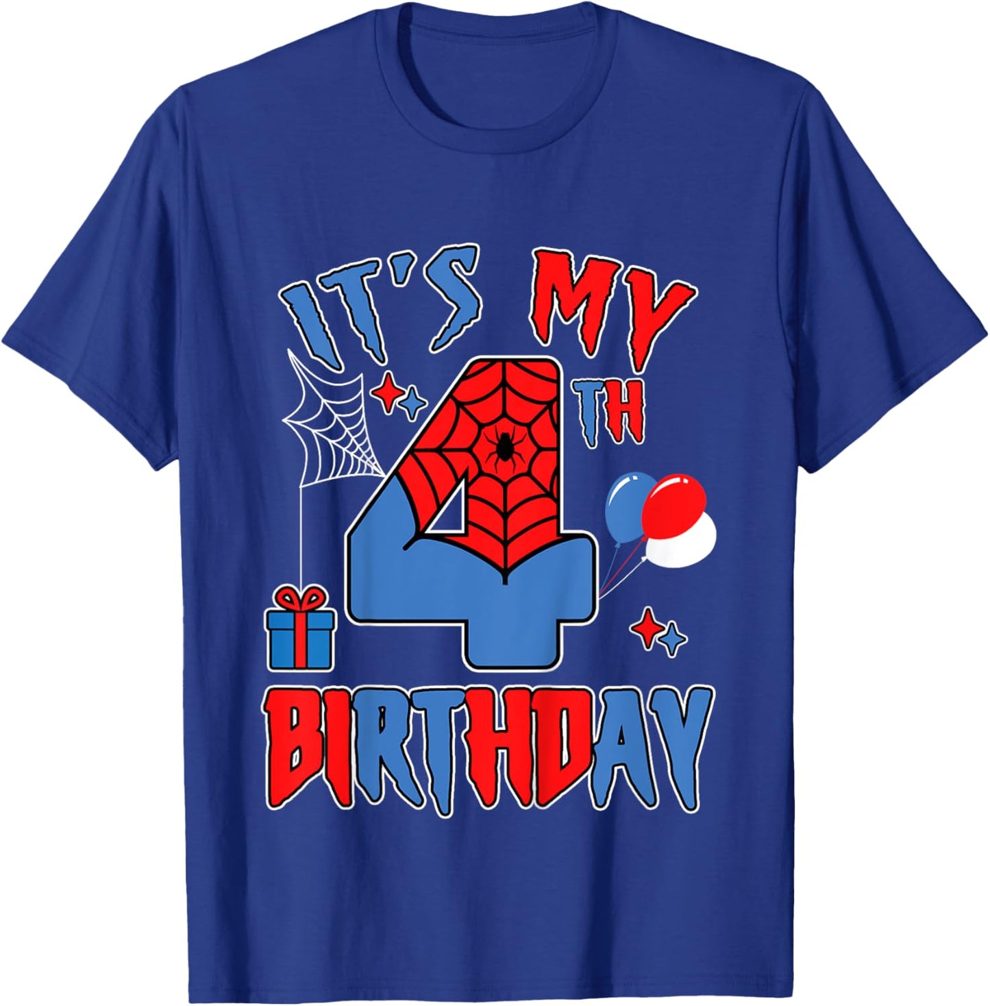 Kids 4th Birthday Spider Web Theme Party four 4 Year Bday Boy T-Shirt - T-Shirt | Royal