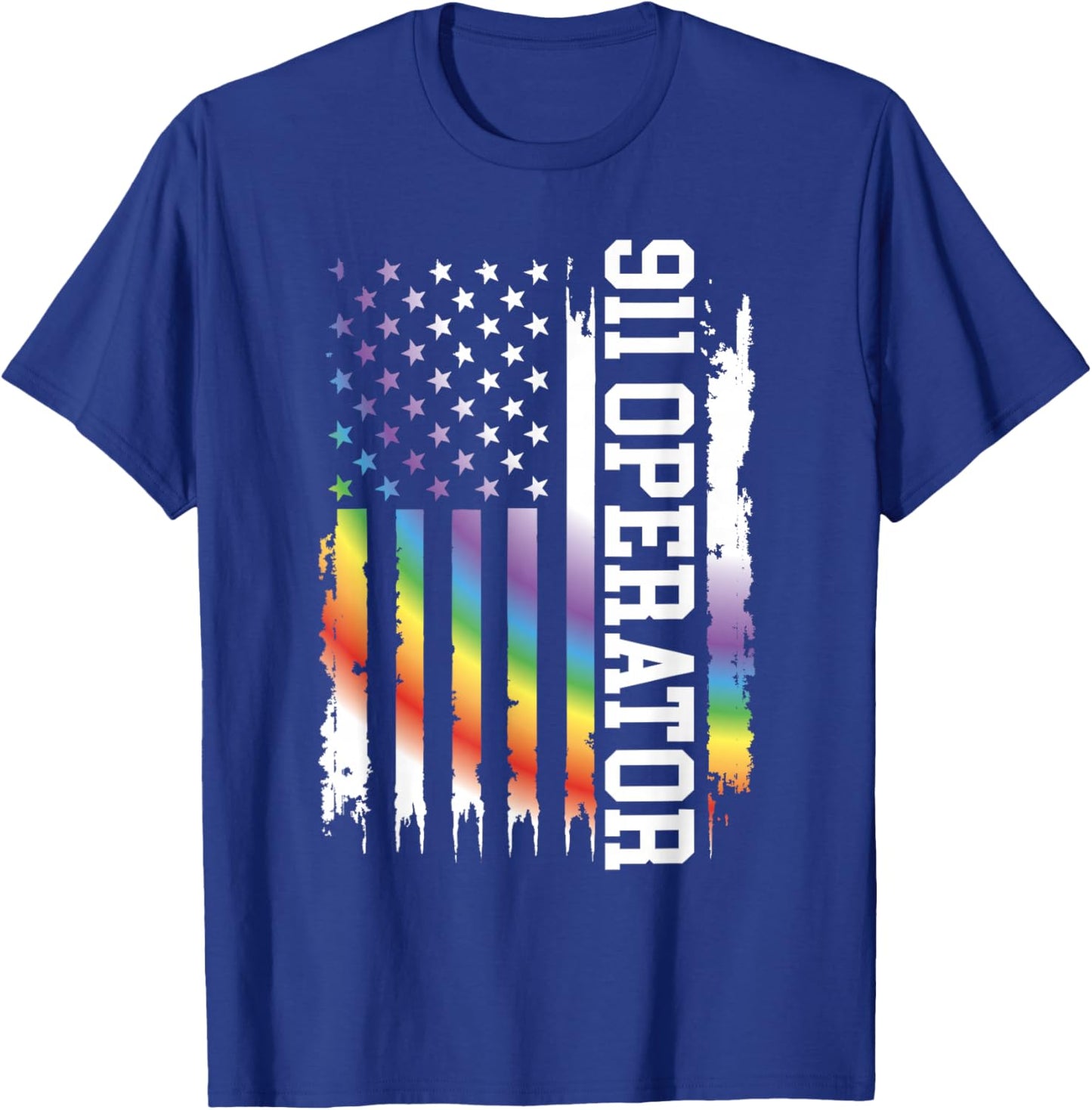 911 Operator United States Distressed Rainbow w US Flag T-Shirt - T-Shirt | Royal