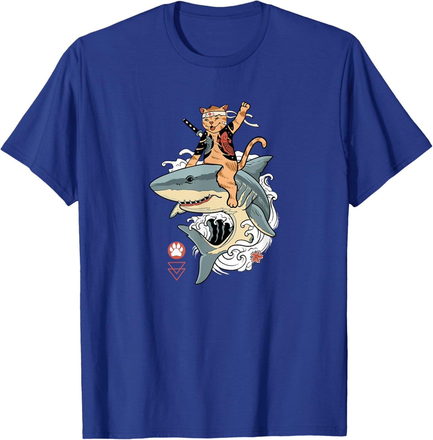 Samurai Cat Riding a Shark, Cat Warrior with Japanese Katana Men Women T-Shirt - T-Shirt | Royal