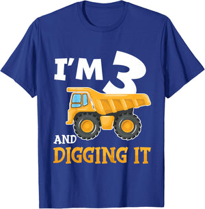 Kids Three 3yr 3rd Birthday Construction Boy 3 Years Old T-Shirt - T-Shirt | Royal
