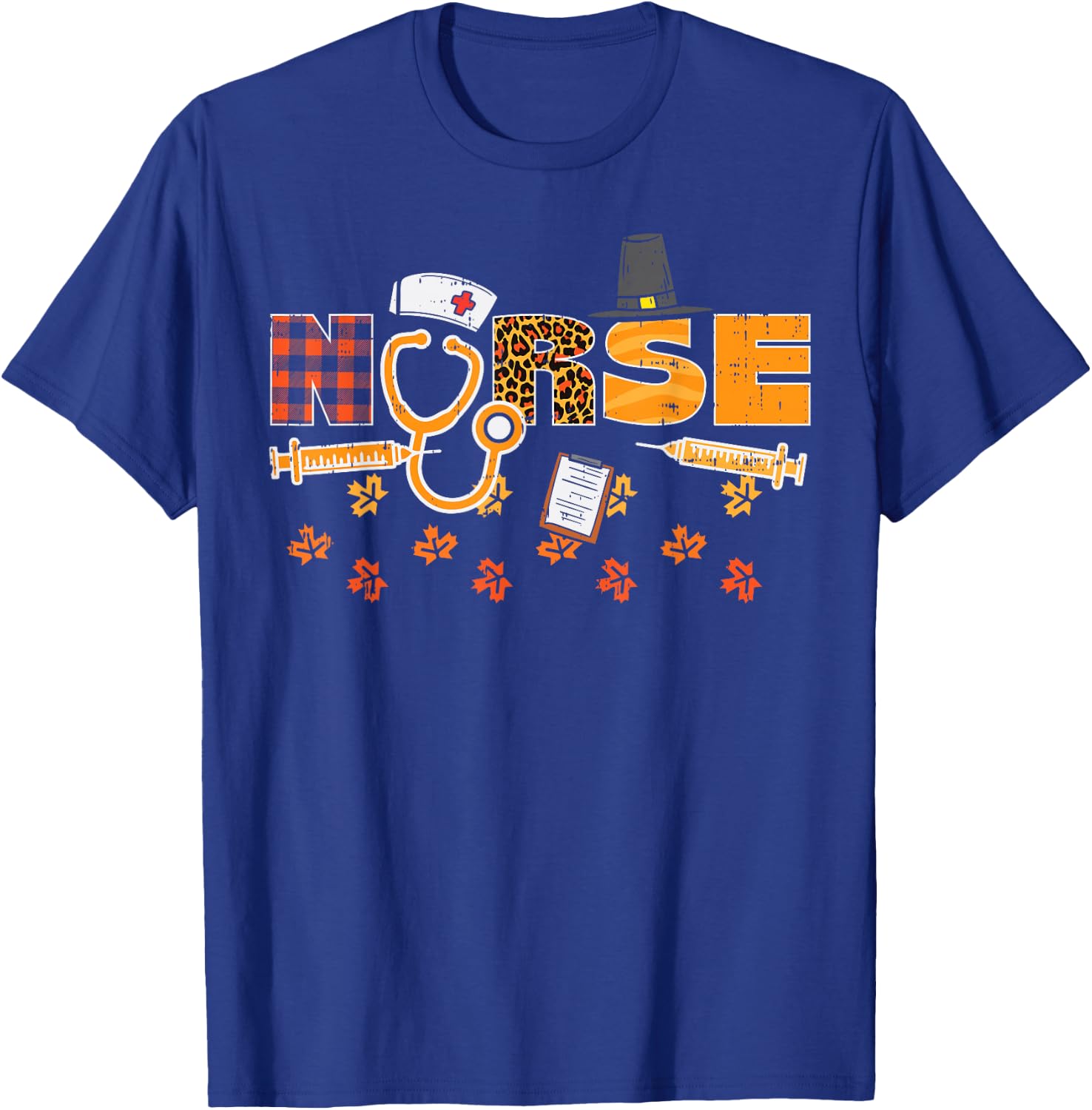Thanksgiving Leopard Plaid Nurse Fall Scrub Top RN Men Women T-Shirt - T-Shirt | Royal