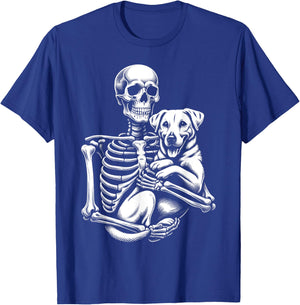 Skeleton Holding A Dog Funny Lazy Halloween Costume Skull T-Shirt - T-Shirt | Royal