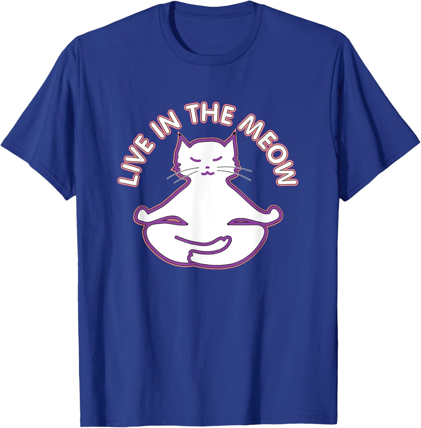 Yoga Teacher Gifts LAD Graphics Yoga Cat 'Live In The Meow' Yogi Kitty Meditation Black Women's Classic Fit Short Sleeve T-Shirt - T-Shirt | Royal