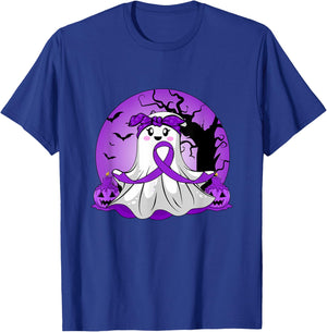 Pancreatic Cancer Halloween Ghost Purple Ribbon Awareness T-Shirt - T-Shirt | Royal