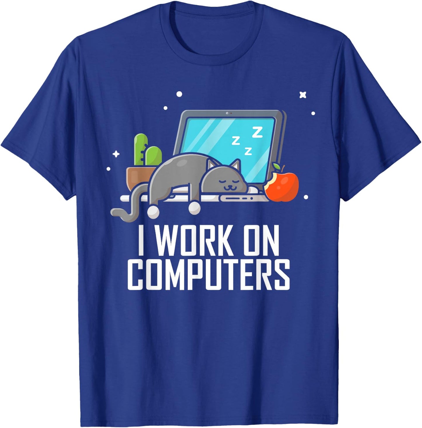I Work on Computers Funny Cute Tech Coding Cat Working T-Shirt - T-Shirt | Royal