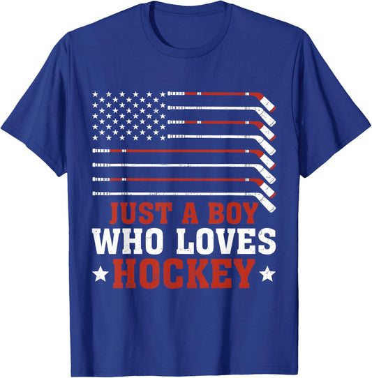 Just A Boy Who Loves Hockey USA Flag Vintage Ice Hockey T-Shirt - T-Shirt | Royal