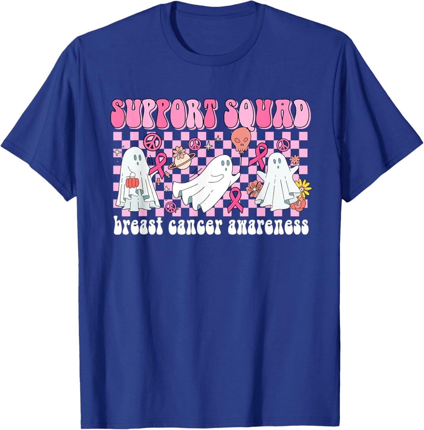 Groovy Halloween Cute Pink Ghost Breast Cancer Support Squad T-Shirt - T-Shirt | Royal