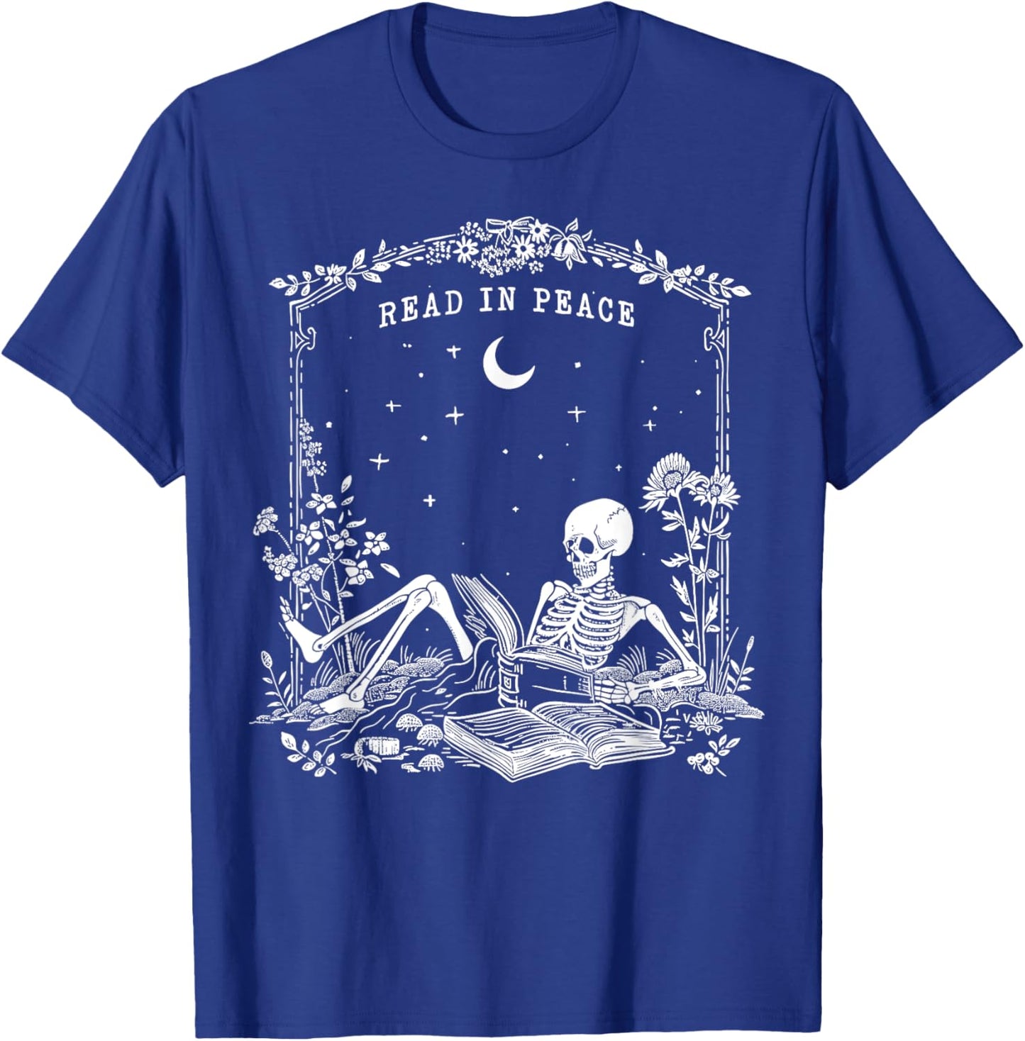 Read in Peace, Skeleton reading Book Halloween bookish T-Shirt - T-Shirt | Royal