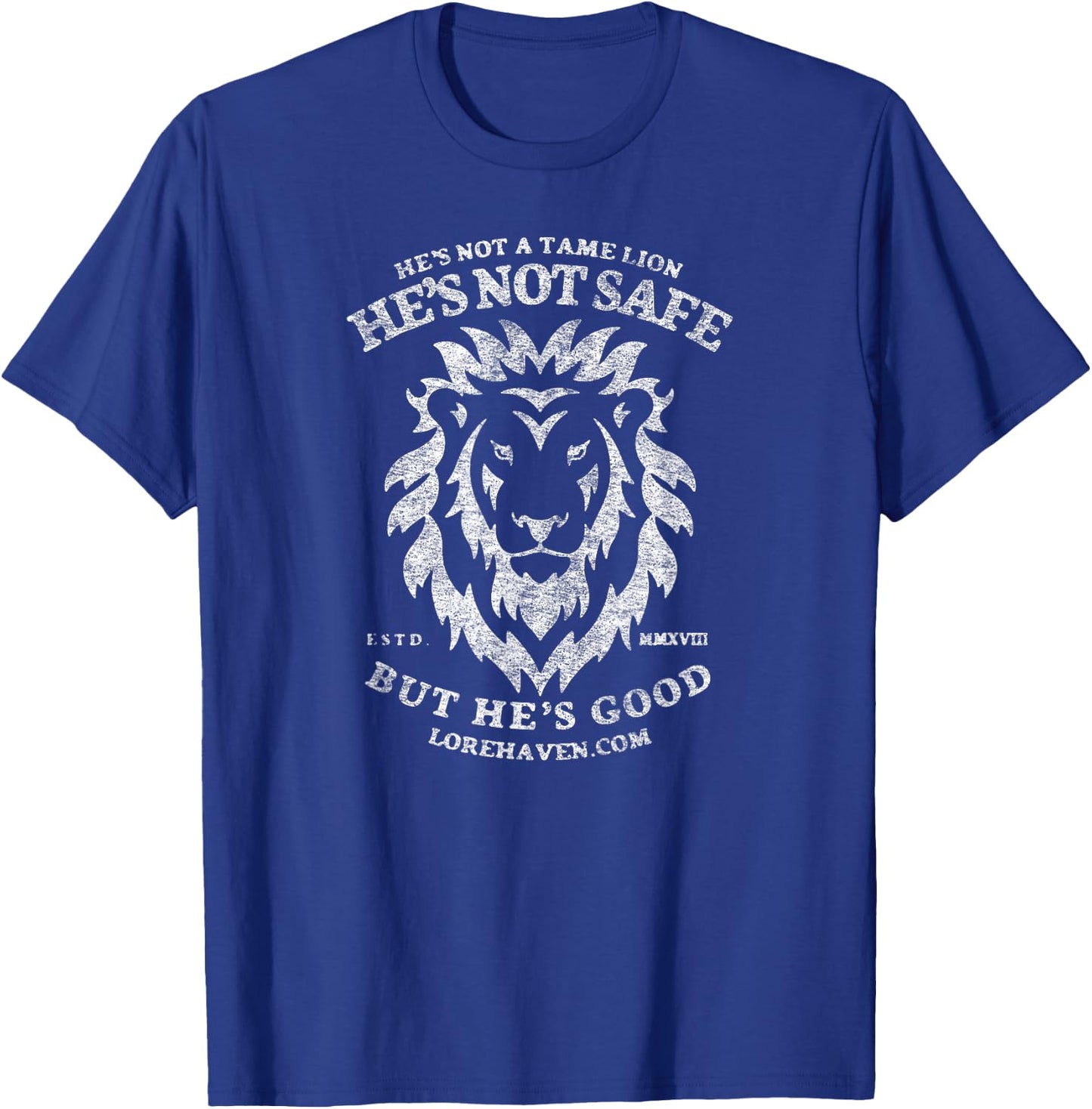 He's Not a Tame Lion Retro-Vintage Distressed Graphic T-Shirt - T-Shirt | Royal