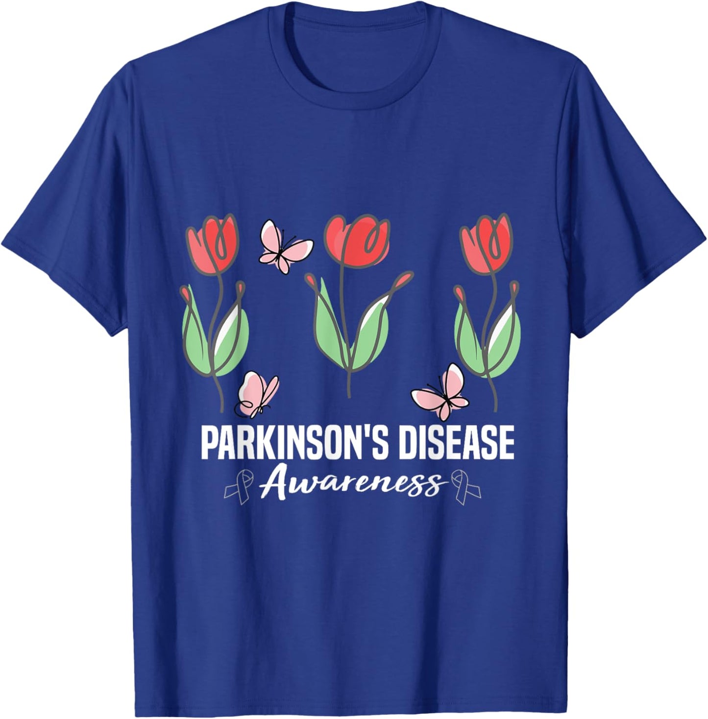 Parkinson's Disease Awareness Month Red Tulips Butterfly T-Shirt - T-Shirt | Royal