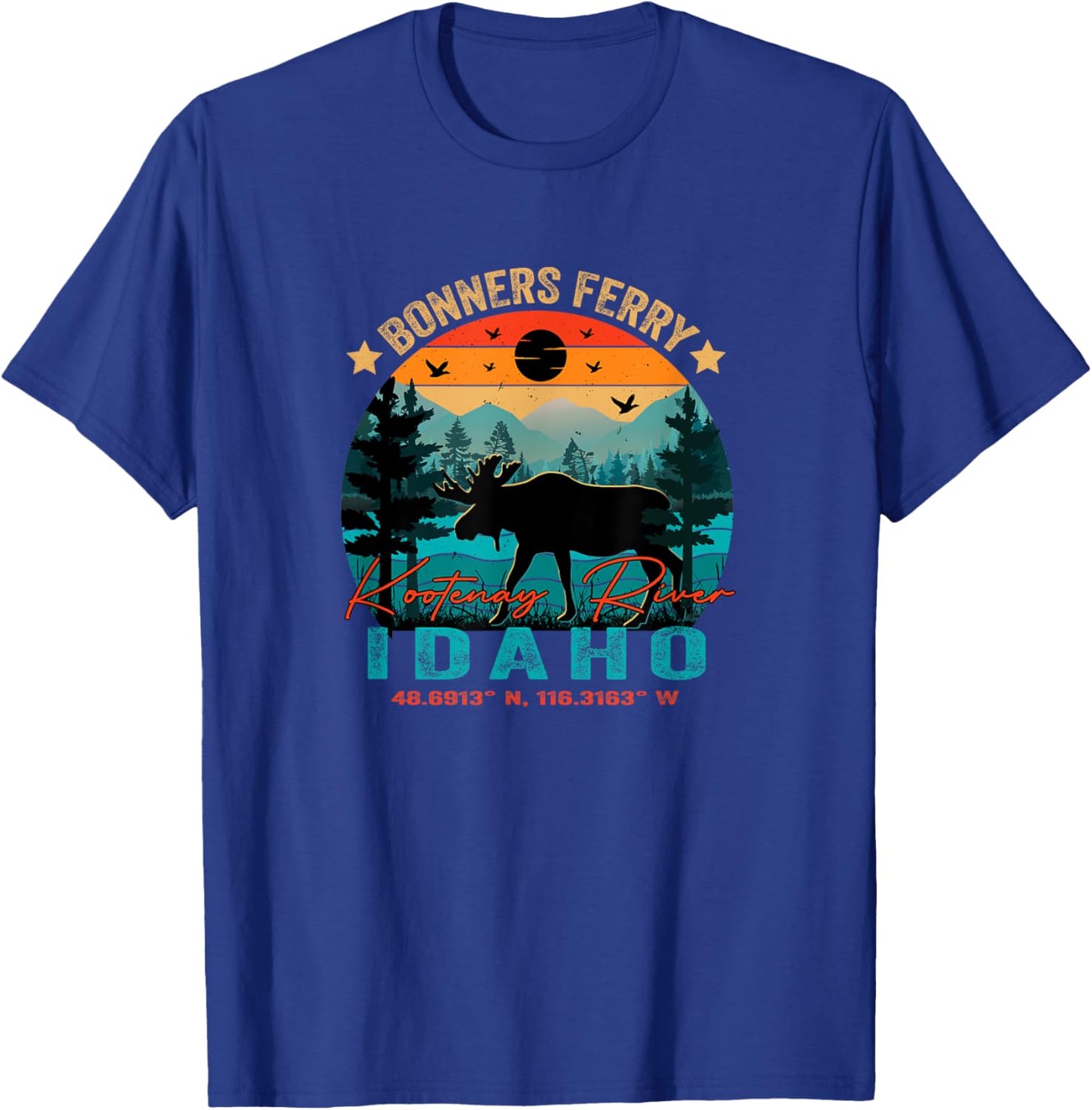 Bonners Ferry Idaho ID Retro Sunset Vintage Moose Mountains T-Shirt - T-Shirt | Royal
