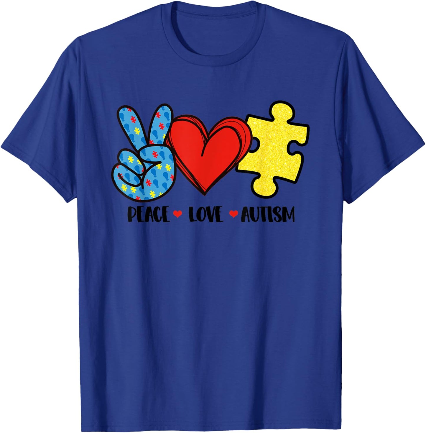 Peace Love Autism Puzzle Ribbon Gift Autism Awareness Day T-Shirt - T-Shirt | Royal