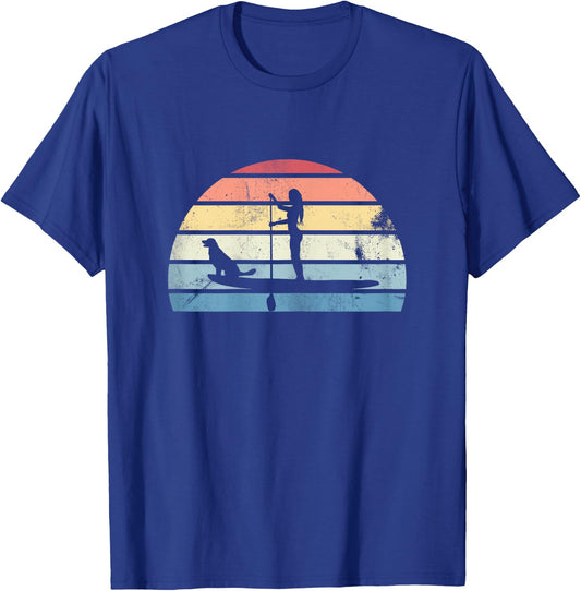 Retro Paddleboarding Girl with Dog Sunset Gift T-Shirt - T-Shirt | Royal