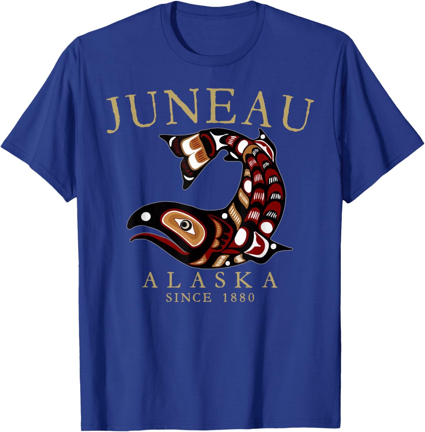 Juneau Alaska Tribal Art Salmon Since 1880 Tan Letters T-Shirt - T-Shirt | Royal