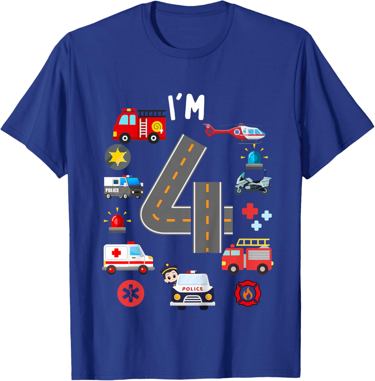 Kids 4th Birthday Emergency Vehicles Boys 4Years Old Toddler Kids T-Shirt - T-Shirt | Royal