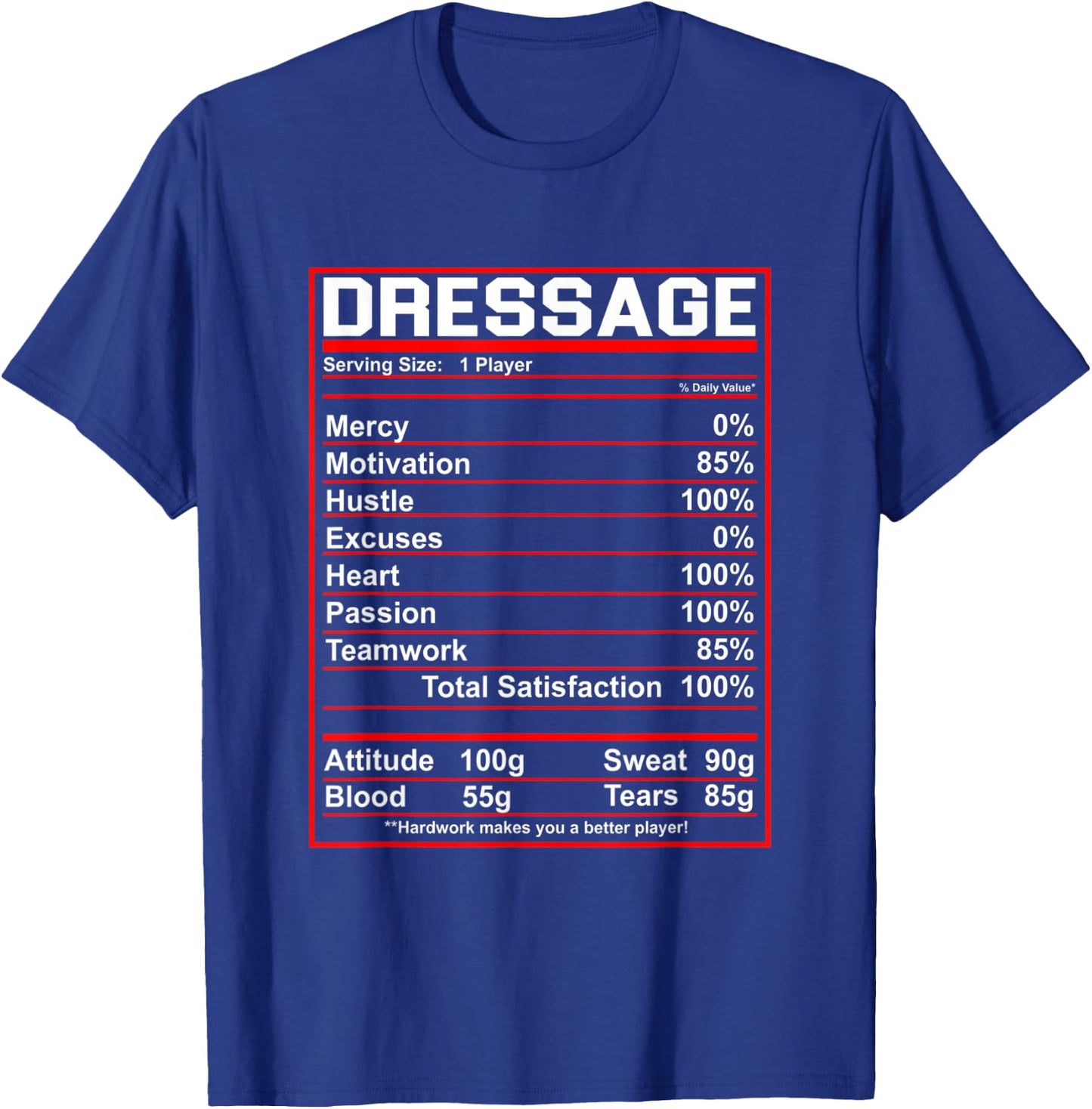 Funny Dressage Nutrition Facts Horse Rider T-Shirt - T-Shirt | Royal