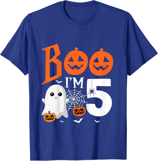 Kids Boo I'm 5 Yr Old 5th Birthday Halloween Girl Boy Costume T-Shirt - T-Shirt | Royal