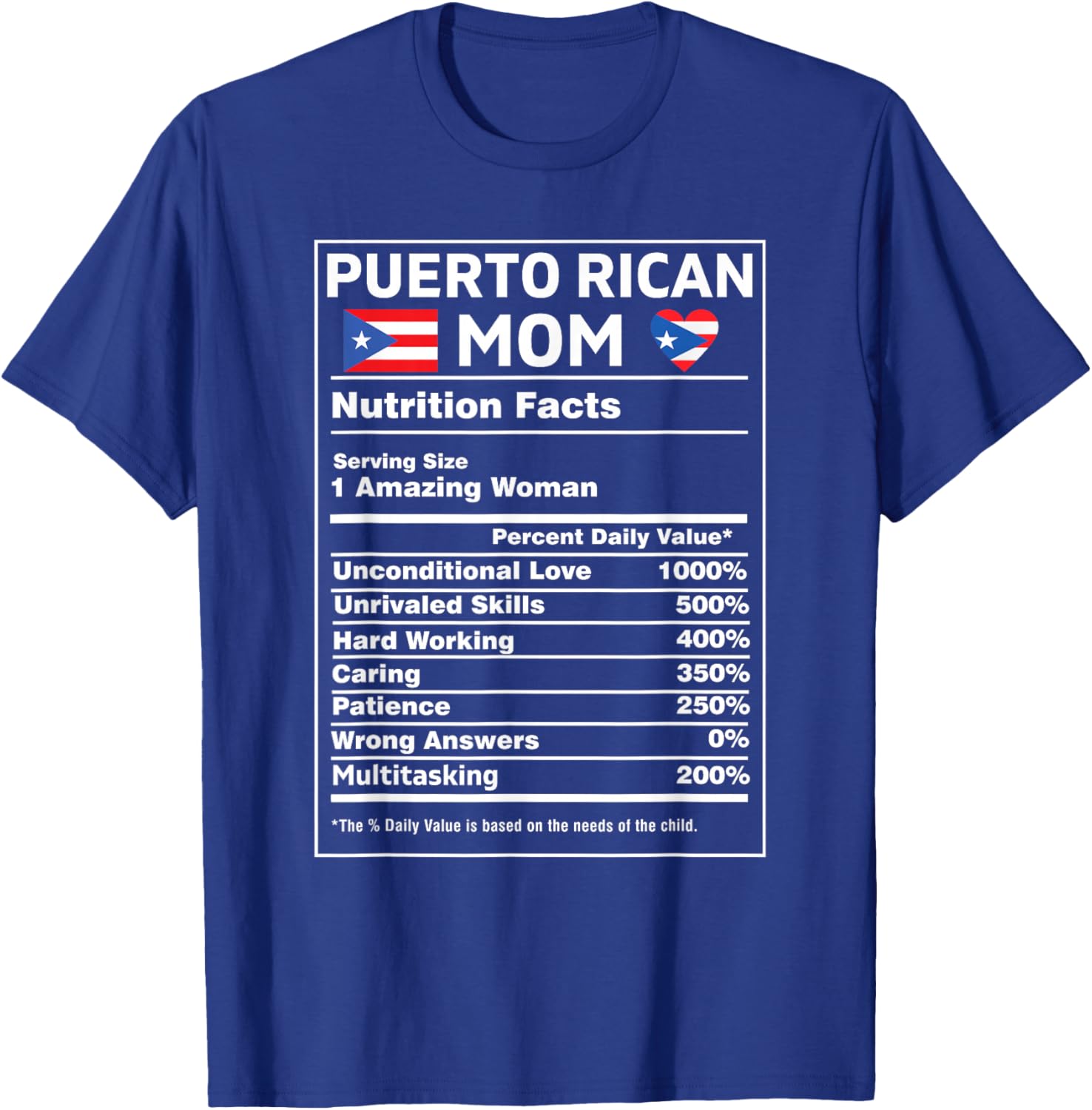 Puerto Rican Mom Nutrition Facts Boricua Puerto Rico PR Flag T-Shirt - T-Shirt | Royal